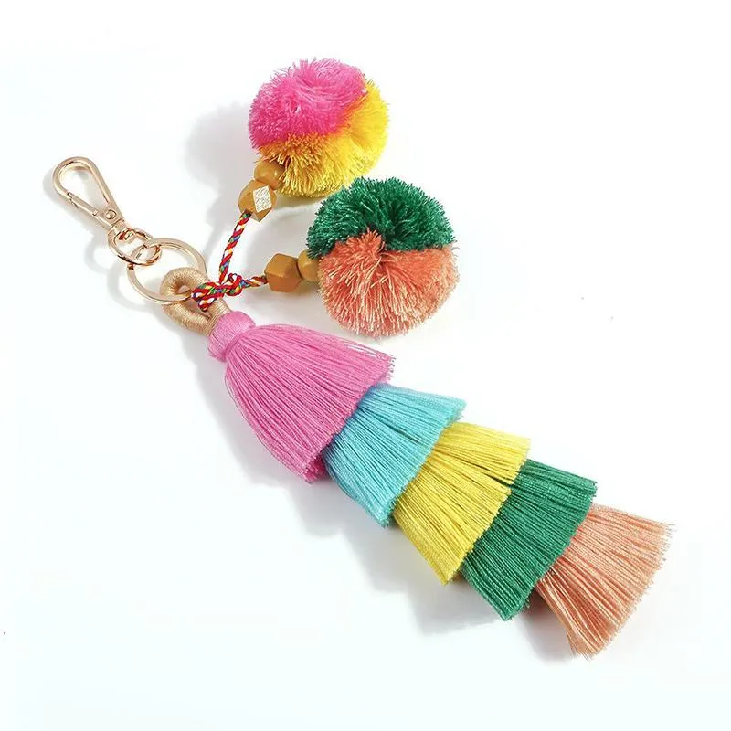 Moda Candy Color Pompoms Tassel Keychain Fur Ball Chaveiro Pompom Fluffy Bag Acessórios Keyring