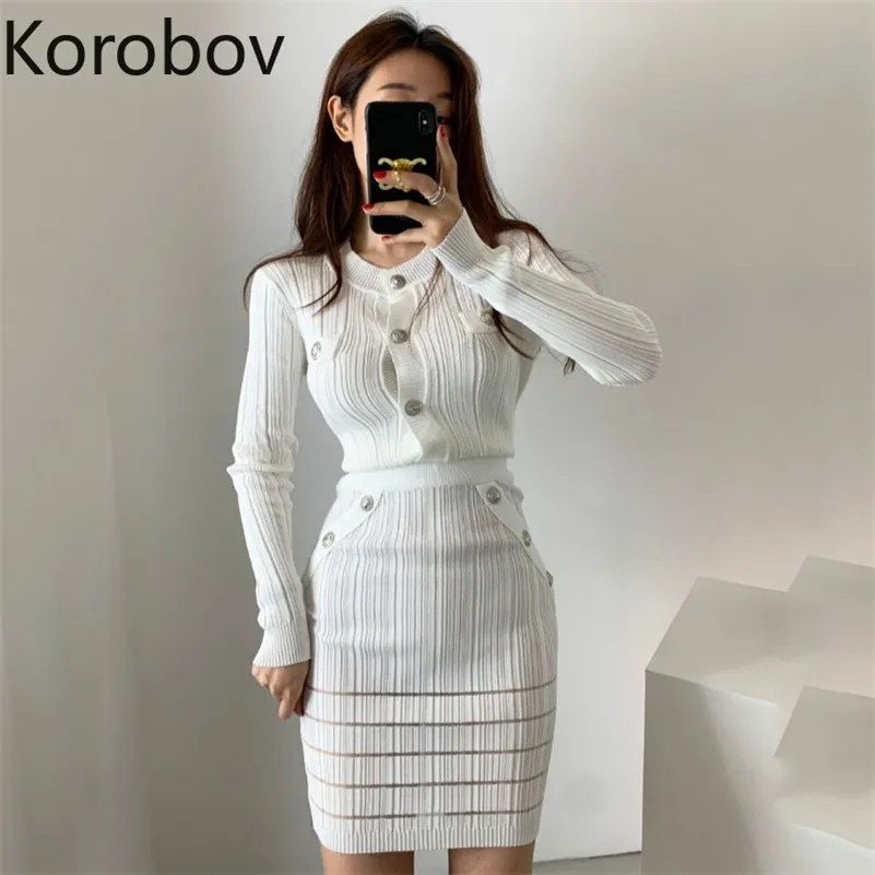 Korobov Koreanische Frauen Büro Dame 2 Stück Sets Vintage Taste Elegante Strickrock Weibliche Anzüge Sexy Schlank Bandage Frauen Outfits 210430
