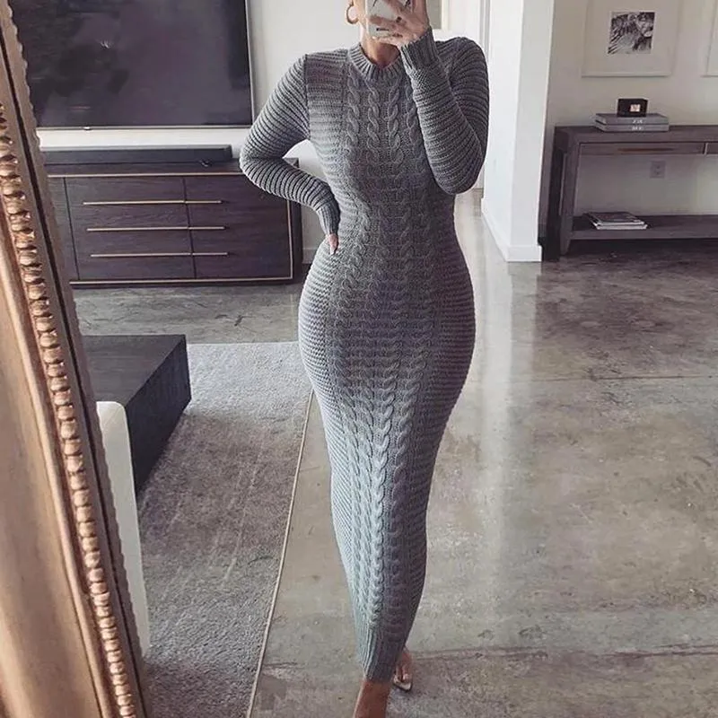 Women Plus Size Long Sleeve Knitted Sweater Dress Floor-Length Empire Waist  Vintage Winter