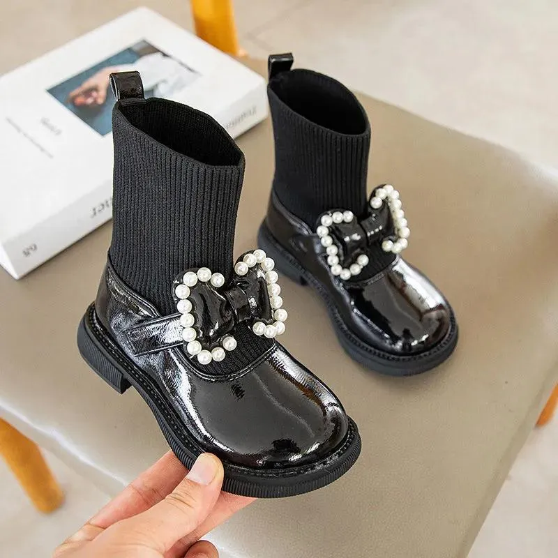 Bottes filles printemps-automne enfants tricotés bijoux bottas pu cuir imperméable bottes petites chaussures de bébé