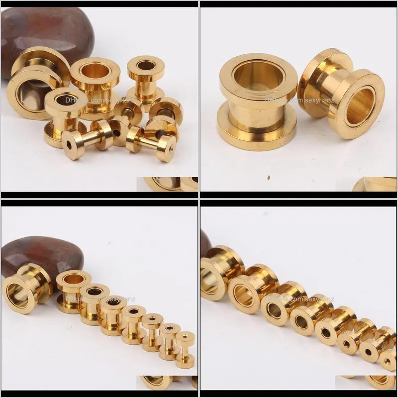 100pcs/lot mix 7 size body jewelry gold stainless steel screw ear plug flesh tunnel