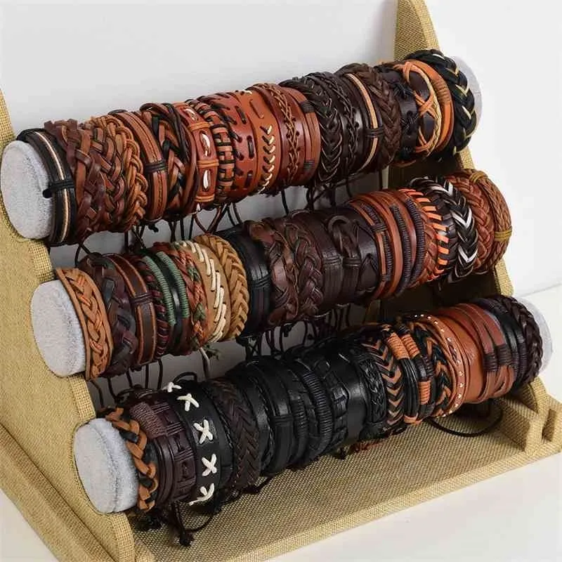 Wholesale Bulk 36PCS/Lot Leather Cuff Bracelets For Men's Women's Jewelry Party Gifts Mix Styles Size Adjustable 210408