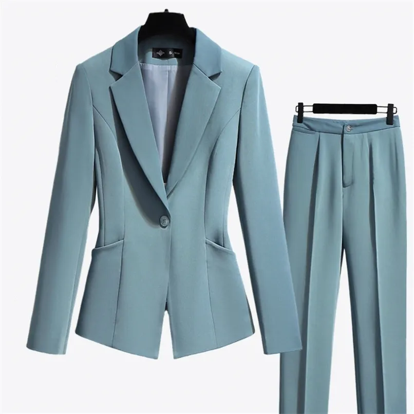 Vår Höst Kvinnors Kontor Ladies Passar Notched Two Piece Sets Kvinnlig Singelknapp Blazer Elegant Long Pant Suit 211116