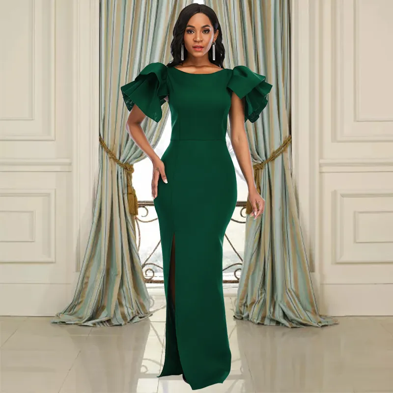 Vert foncé sirène robes de bal pour les femmes côté fendu longue Satin formelle robes de soirée à manches courtes Simple robe de soirée de célébrité