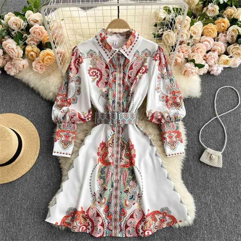 Kobiety Moda Długi rękaw Retro Totem Print Odchudzanie Mini Dresy linii Wiosna Vintage Eleganckie ubrania Vestidos S070 210527