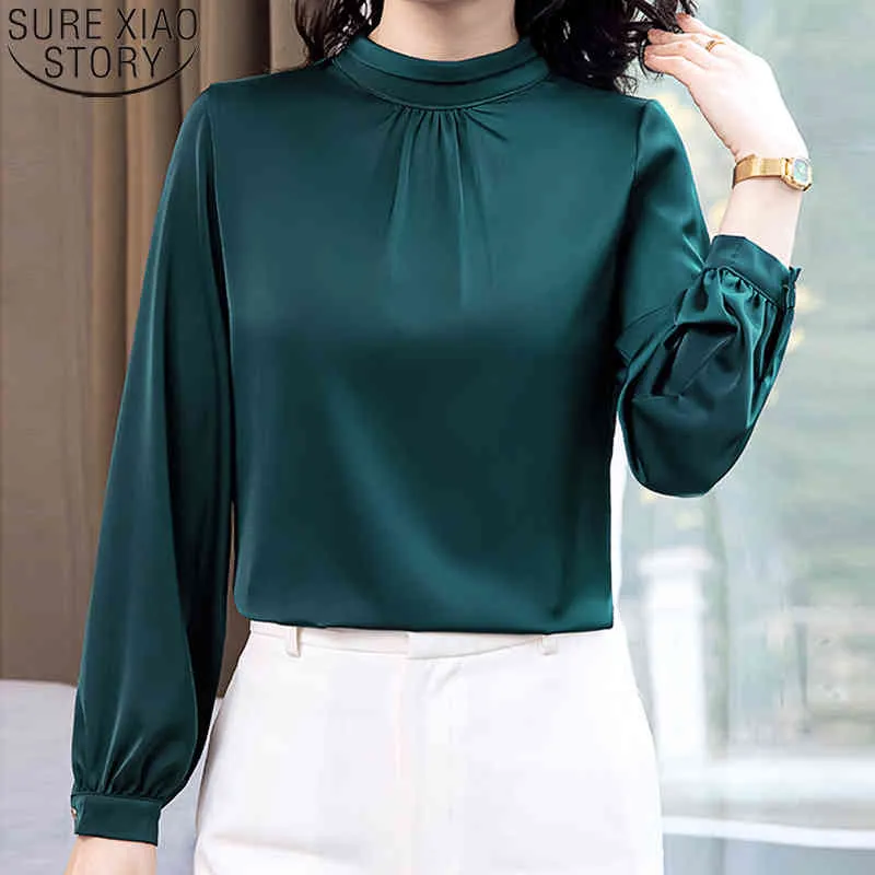 Fashion Long Sleeve Stand Collar Ladies Tops Elegant Silk Shirt Women Satin Blouse Loose Plus Size Female Blusas Mujer 13039 210417