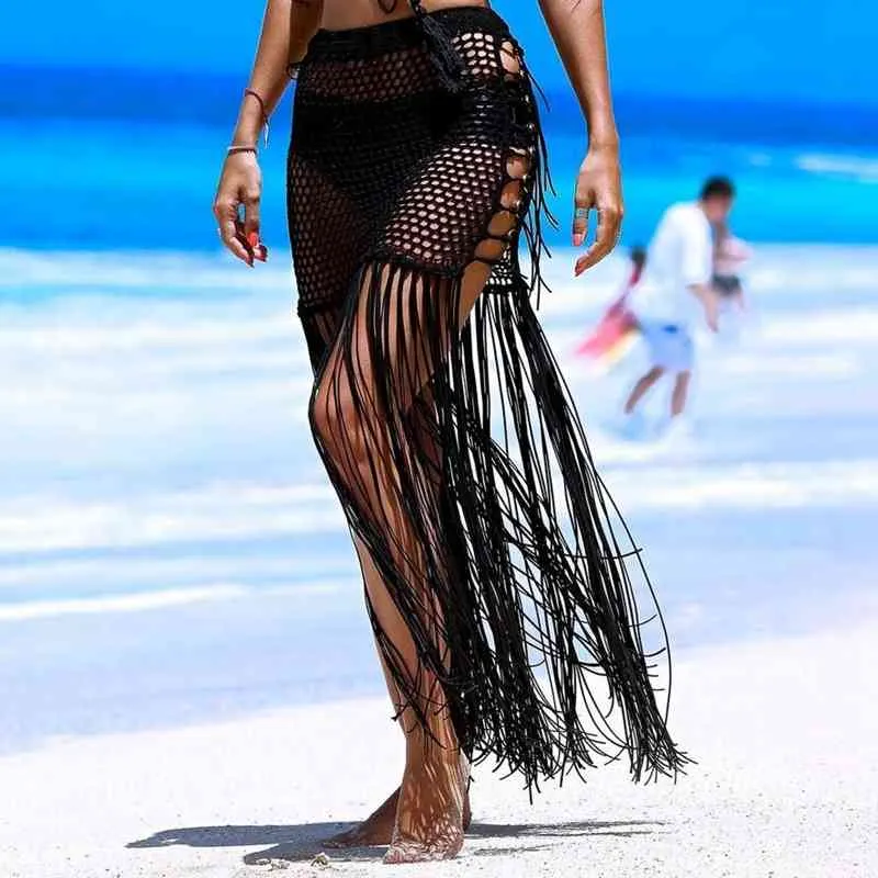 Sexy Beach Cover Up Jupe Bikini Maillot De Bain Crochet Évider Gland Robe Dames D'été Porter 210521