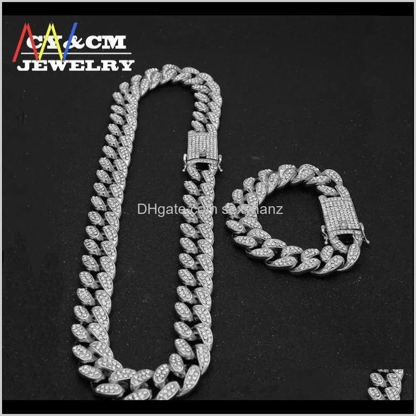 13mm  cuban link chain gold silver necklace bracelet set iced out crystal rhinestone bling hip hop for men 88 u2