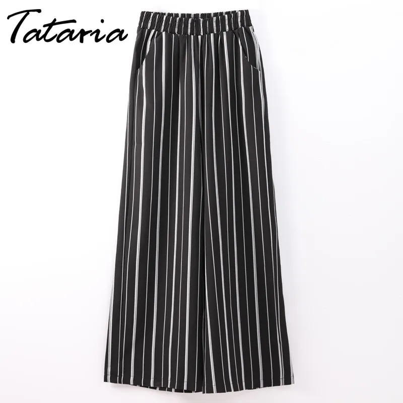 Tataria Chiffon Striped Byxor Kvinnor Wide Leg Causal High Waist Loose Stripe Ladies Pantalon Femme Summer Beach 210514