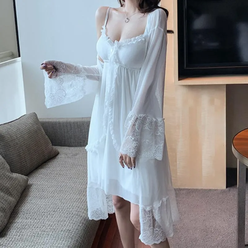 Womens Sleepwear Fairy Lace Robe Sets Women Sexy Nightwear White