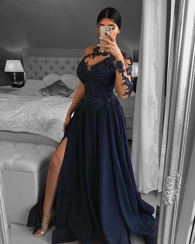 Navy One épaule Blue Dubai Robes de soirée à manches longues A-line Split Satin Lace Perge Formal Prom Robe Robe de Soiree 2021