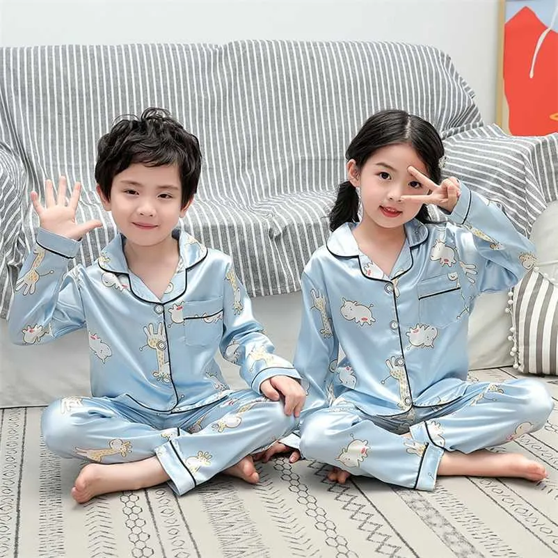 Höst Winter Boy Long Pyjamas Set Kids Home Cloth Sleepwear Girls Pijamas Girl Top + Pant Print 211130