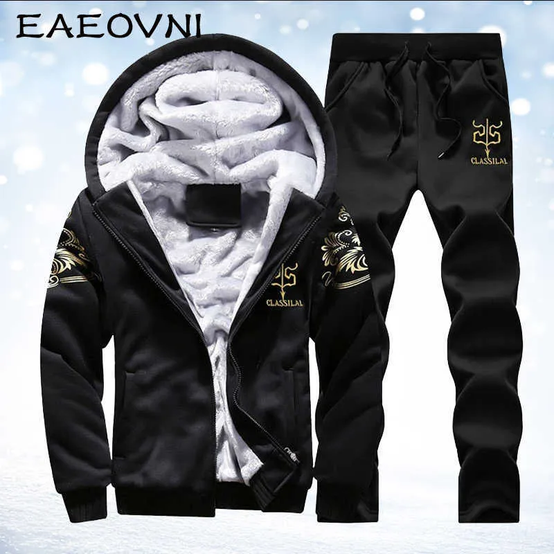 EAEOVNI Mäns Vinter Tracksuit Set Hooded Jacket och Pant Outfits Varm Casual 2 Piece Set Hoodie Print Fleece Fodrad Fashion Sets X0909