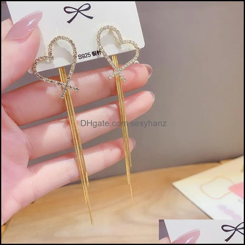 Vintage Heart Crystal Long Thread Tassel Dangle Earrings For Women Girl Gold Color Korean Earring Fashion Jewelry 2021