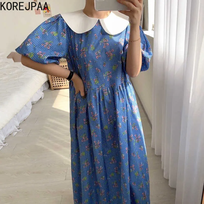 Korejpaa Mulheres Vestem Verão Verão Coreano Reduzindo Colares Collar Contraste Padrão De Cores Padrão Impressão Plissada Sleeve Sleeve Vestidos 210526