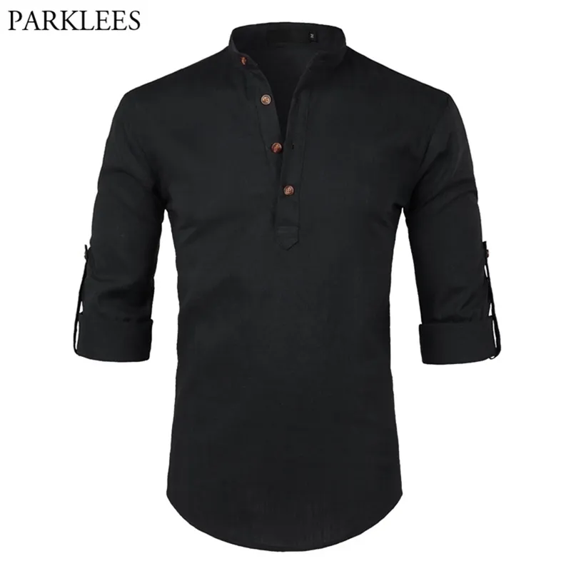 黒い綿のリネンのシャツの男性秋の巻き上げ袖のメンズカジュアルなドレスシャツスリムフィットヘンリーシャツ男性の化学Homme 210714
