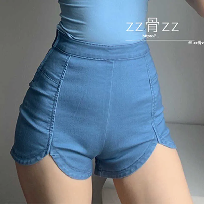 WOMENGAGA Mature lady elastic irregular split feeling package slim hip high waist denim shorts korean sexy women 5RJC 210603