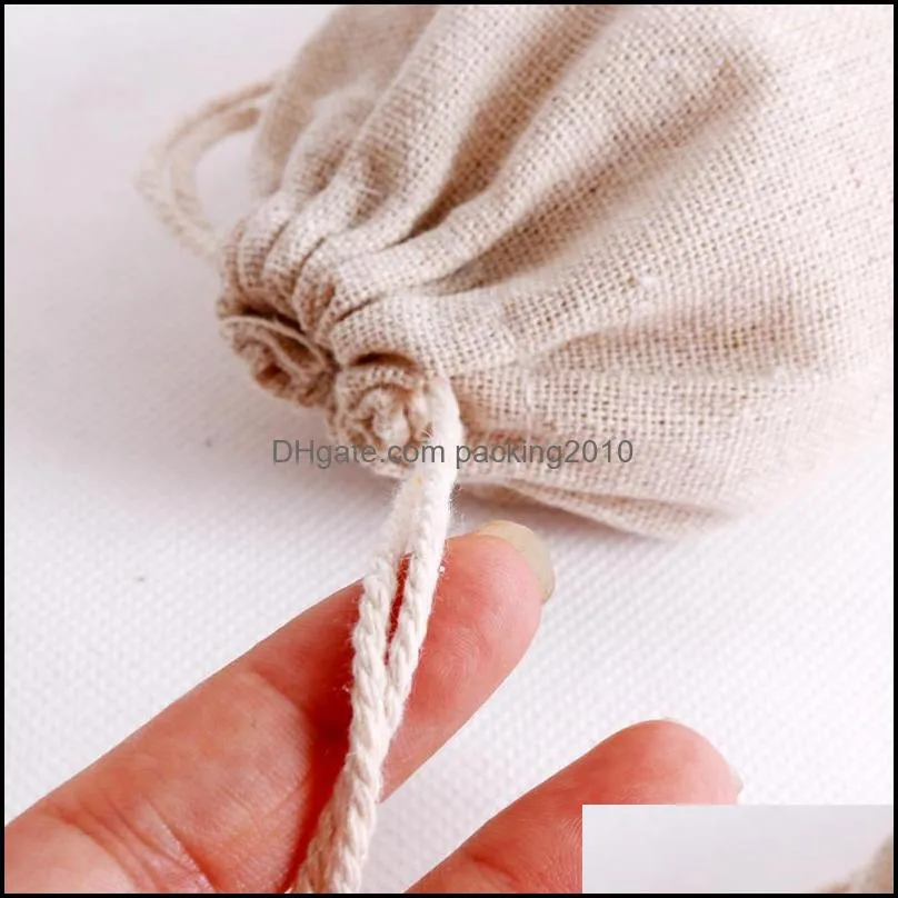 Gift Wrap 100pcs/lot Natural Color Cotton Bags Small Party Favors Linen Drawstring Bag Muslin Pouch Bracelet Jewelry Packaging Bags1