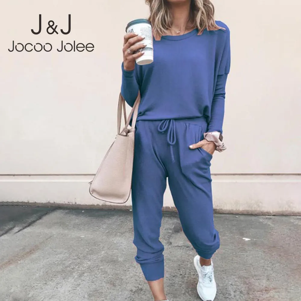 Jocoo jolee осенние сплошные толстовки костюмы повседневный с длинным рукавом трексуиты crewneck pullovers + емкости эластичные брюки двух частей 210518