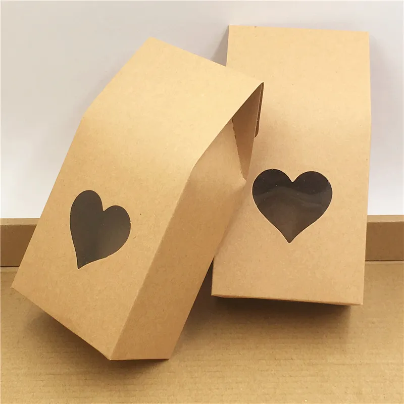 Kraft Paper Packing Bags with Heart Square Shape Window Baking Cookies Nuts Storage Bag Party Gift Food Container