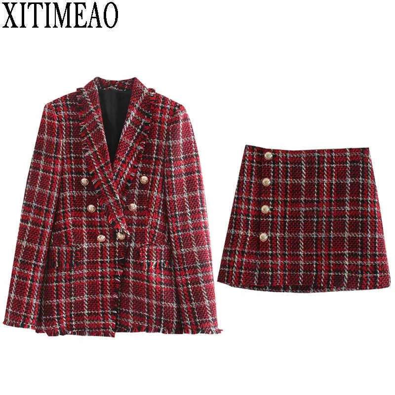 Za Kvinnor Höst Vinter Tweed Vintage Two Piece Skirt Suits Set Knappar Coat och A-Line Elegant Fashion 210604