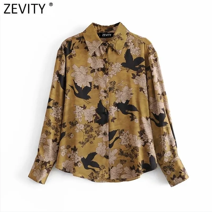 Women Vintage Birds Flower Print Casual Smock Blouse Office Lady Single Breasted Business Shirts Chic Blusas Tops LS7428 210416