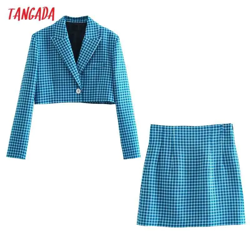 Women's Blue Plaid Print Crop Blazer and Skirt Set 2 Piece Tracksuit Femme Clothes JE73 210416