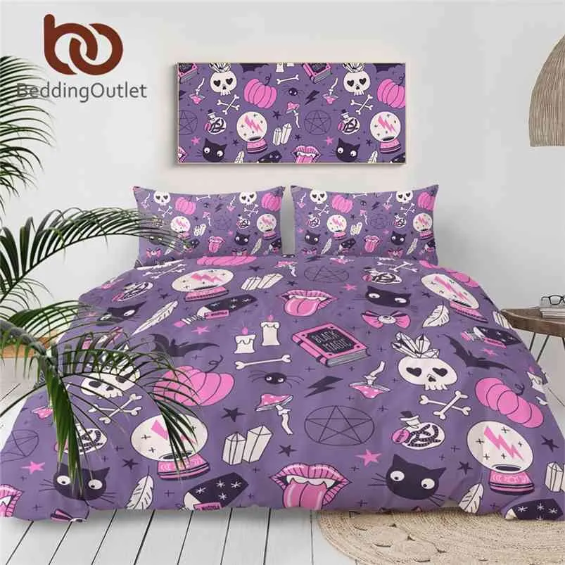 Beddingoutlet Black Magic Bedding Set Witchcraftベッドスプレッドクリスタルボール吹雪カバースカルバットベッドウィッチングパープルBedlinen 210721