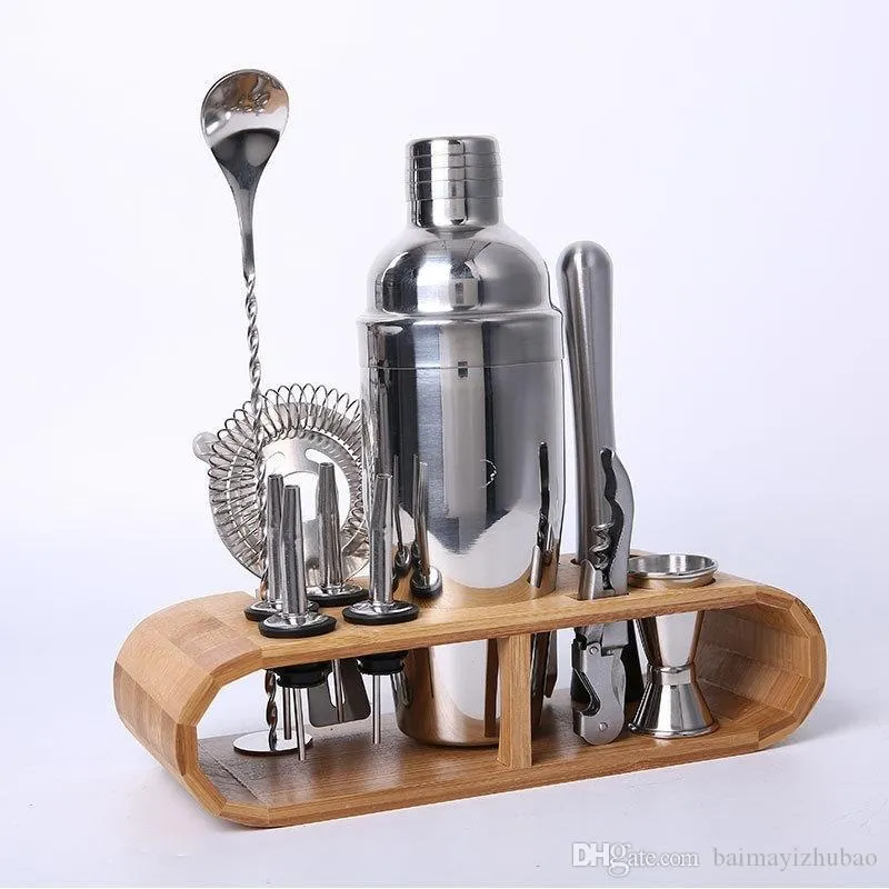 Bartending Cocktail Shaker Bartender Kit Shakers Stainless Steel 12-piece Bar Tool Set With Stylish Bamboo Stand