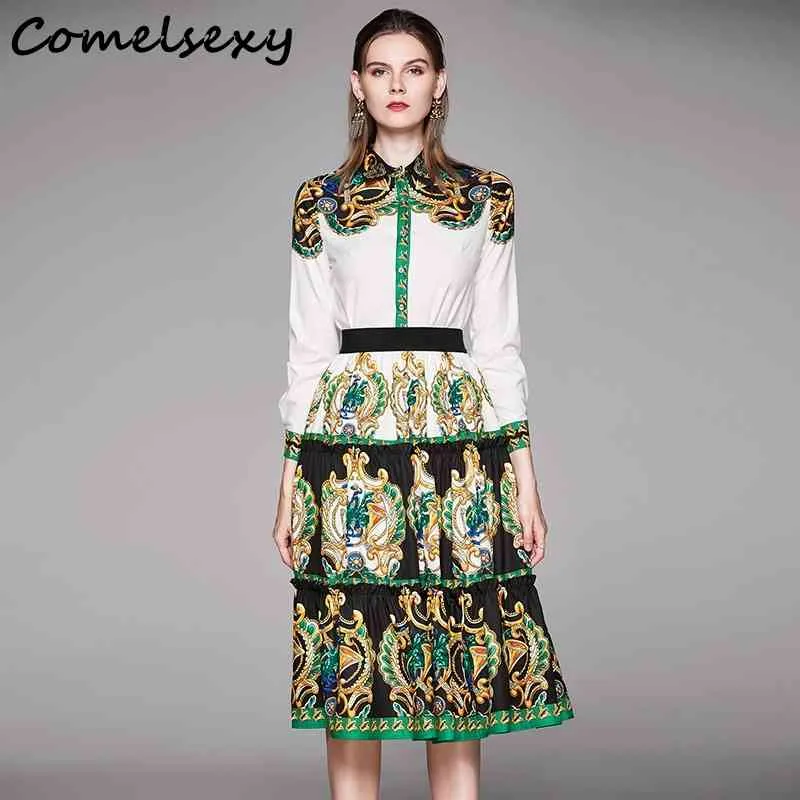 Autumn European And American Women's Lapel Long-sleeved Shirt Waist Wooden Ear A Word Half Skirt Print Two-piece Suit 210515