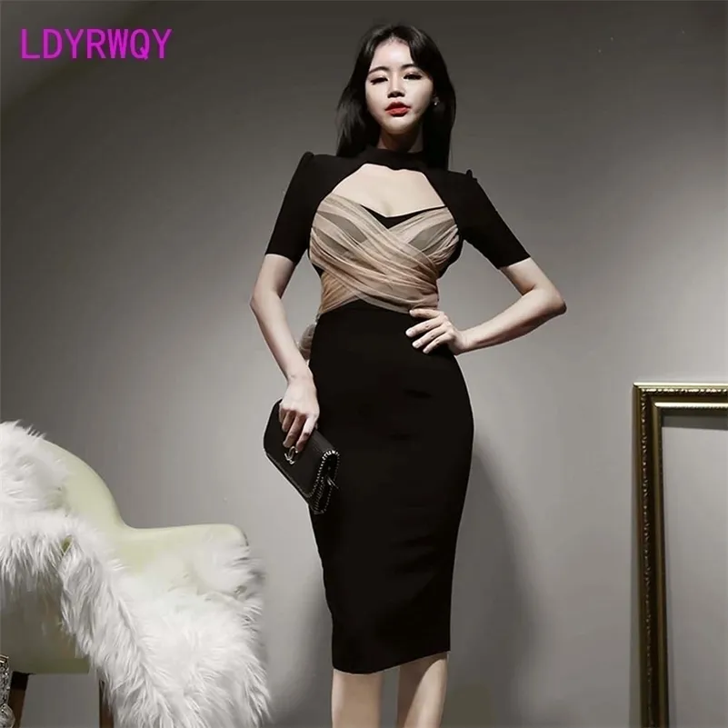 LDYRWQY Korean version sexy temperament hollow-out mesh stitching lace slim body and hip dress Office Lady 210416