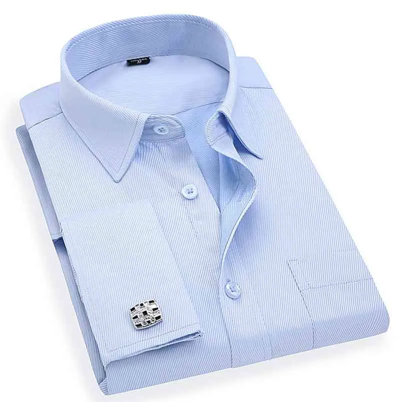 Męskie French Cufflinks Business Sukienka Koszule Długie Rękawy White Blue Twill Asian Size M, L, XL, XXL, 3XL, 4XL, 5XL, 6XL 210714