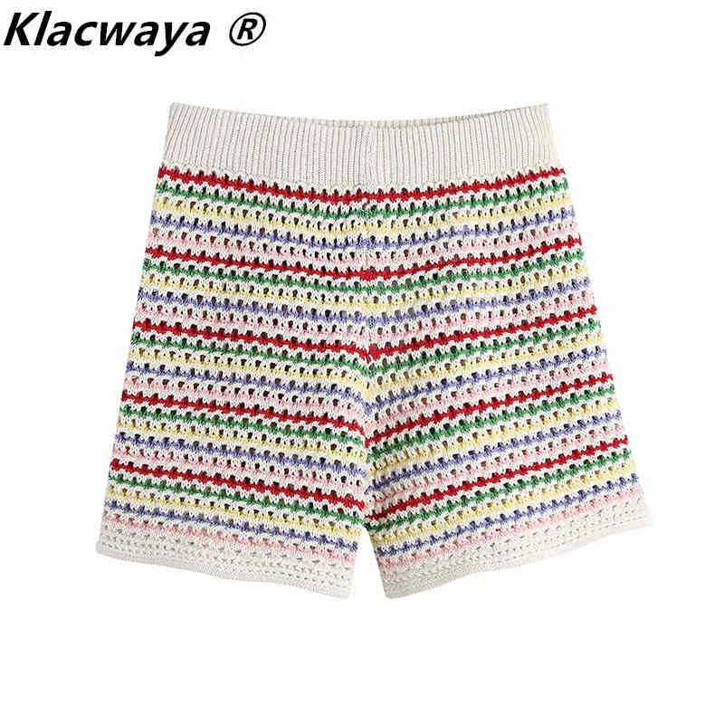 Sommar kvinnor färgband stickade shorts kvinnliga ihåliga elastiska höga midja casual korta byxor 210521