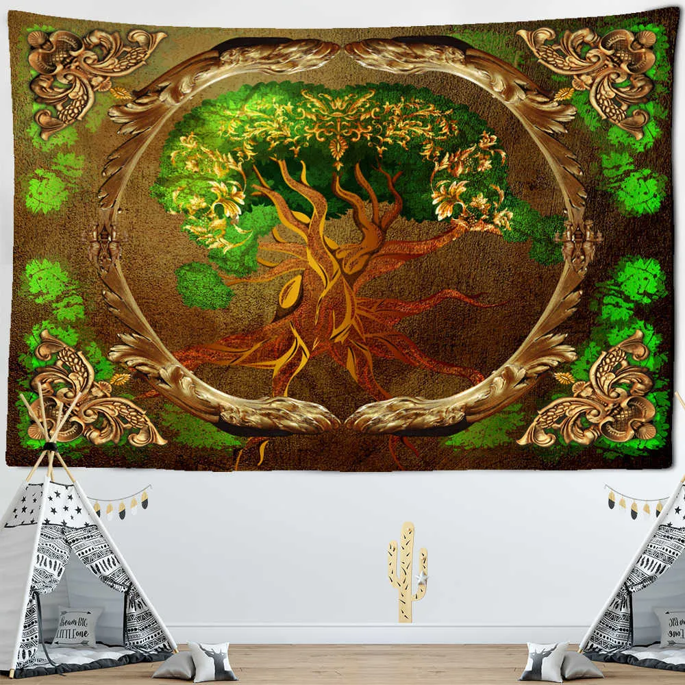 World Tree Tapestry Muur Opknoping Boho Decor Wall Cloth Tapestries Psychedelic Hippie Night Moon Tapestry Mandala Wall Carpet 210609