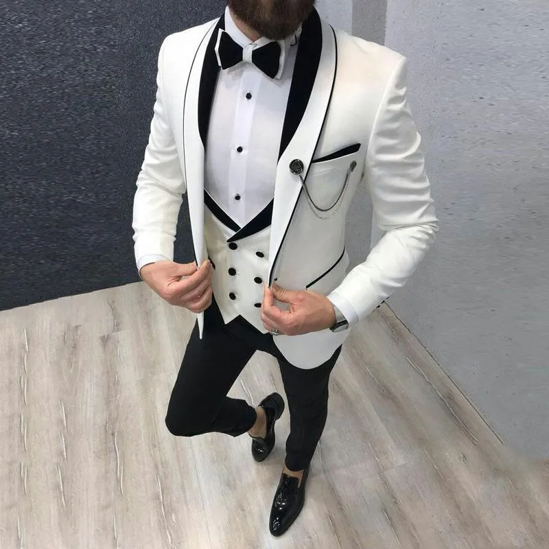 Men's Suit Fashion Formal Business Slim Fit 3-Pieces White Blazers Burgundy Pant Tuxedo Wedding Men Suits Groom &211Q
