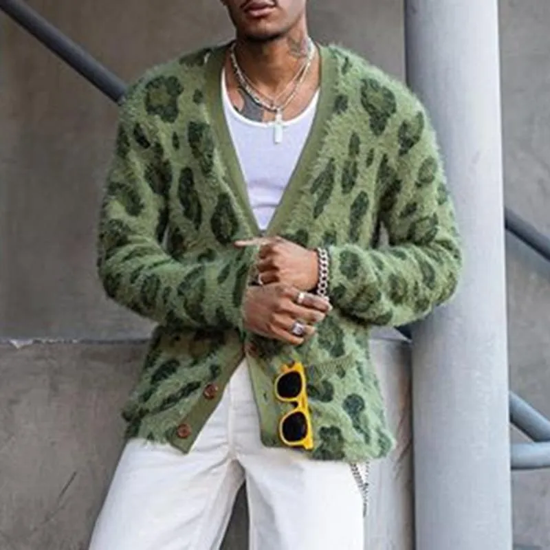 Heren Sweaters Herfst Winter Groene Leopard Gedrukt Trui Lange Mouw Slanke Casual Man Cardigan Gebreide Mannen Bovenkleding Tops Afrikaanse Mode