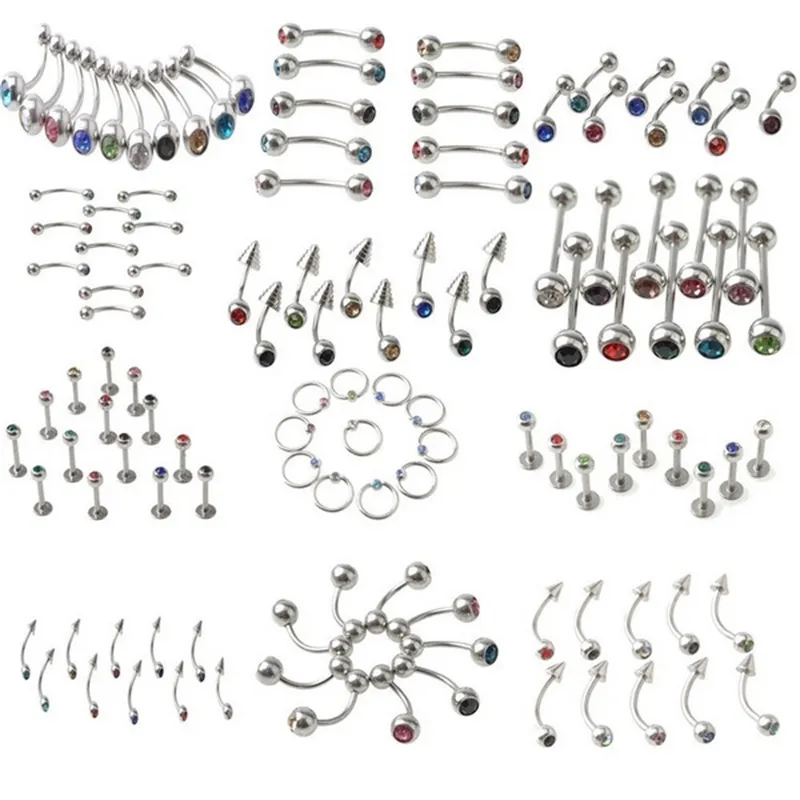 110 sztuk 11 Styl Steel Chirurgiczny Body Piercing Biżuteria Mix Krystaliczny Kamienny Sutek Język Brzuch Brwi Labret Lap Rings