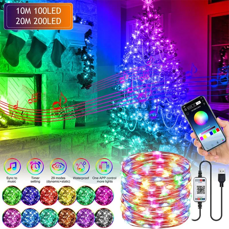 Strings 20m USB Bluetooth LED String Christmas Lights Festoon Fairy Light Indoor Outdoor Xmas Tree IP65 For Bedroom Party Year Decor