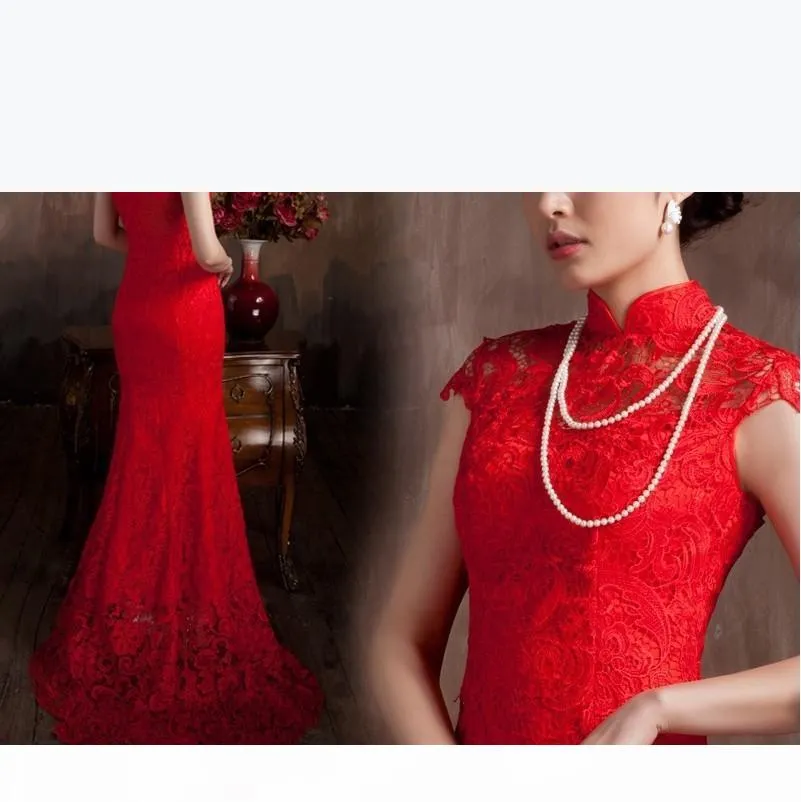 Materiale di pizzo Colore rosso Luxury Chinese tradizionale Dress tradizionale Qipao Mermaid Dress Bridal 2020 Vestido de Noiva