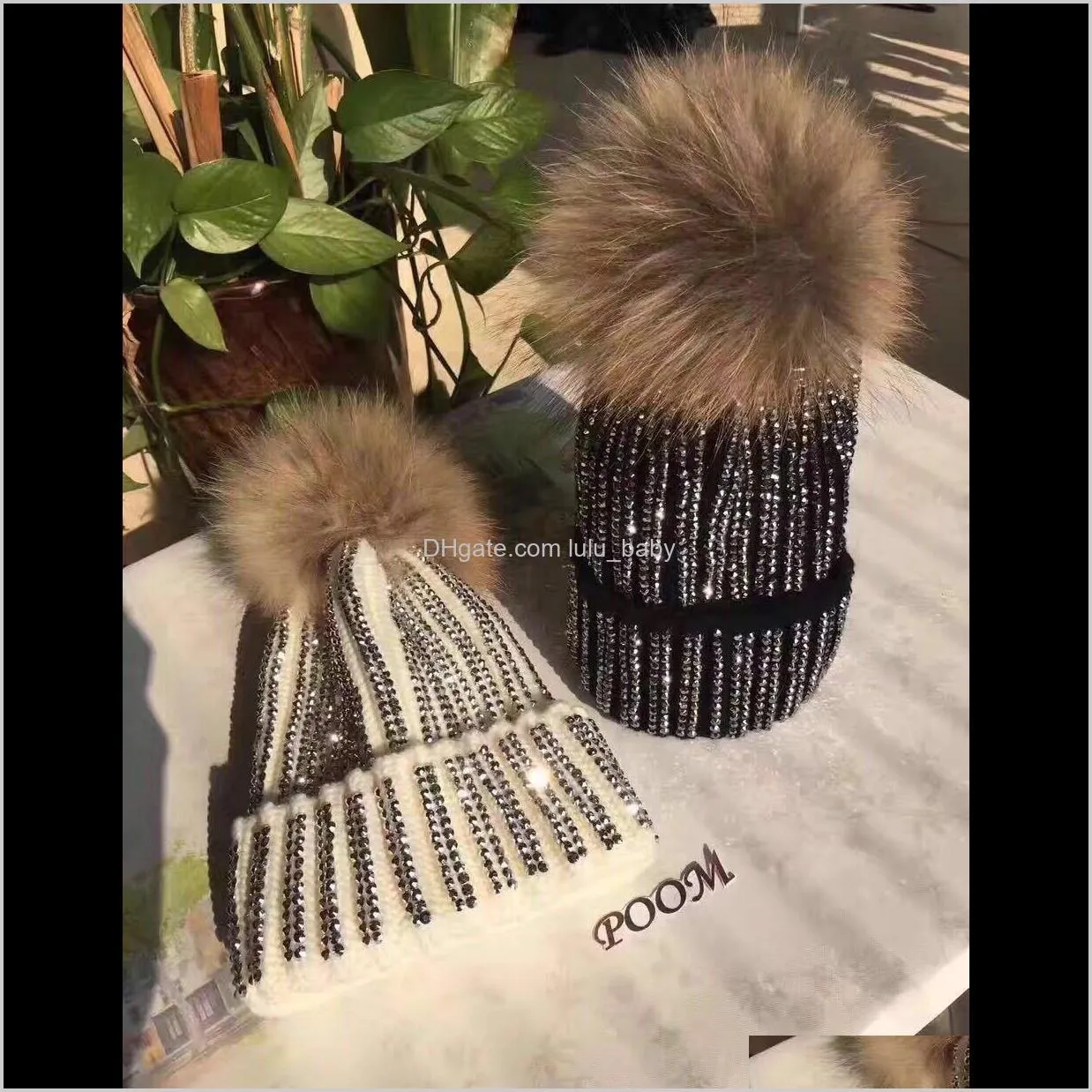 new fashion designer popular diamond rhinestone knitted casual fur ball winter spring warm hats for women students girls