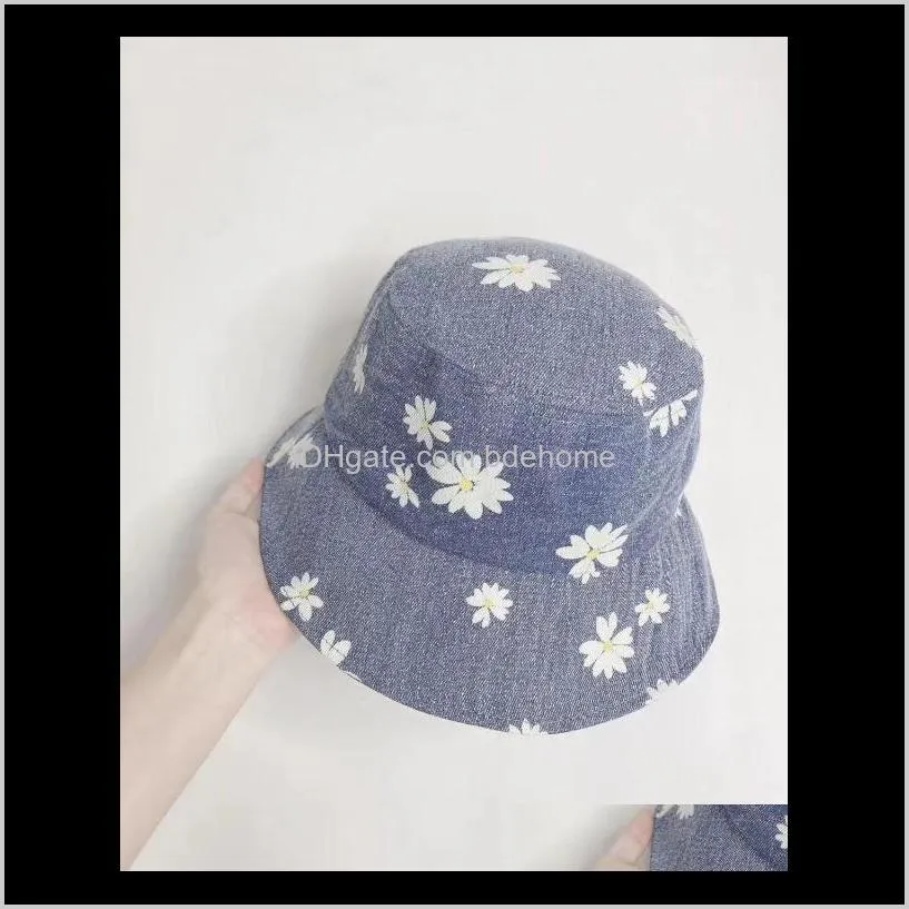 ワイドブリム帽子キャップ帽子、スカーフグローブファッションaessories drop delivery 2021 07-39330-XHD韓国風デニムデイジーの花のレディースバケツキャップ