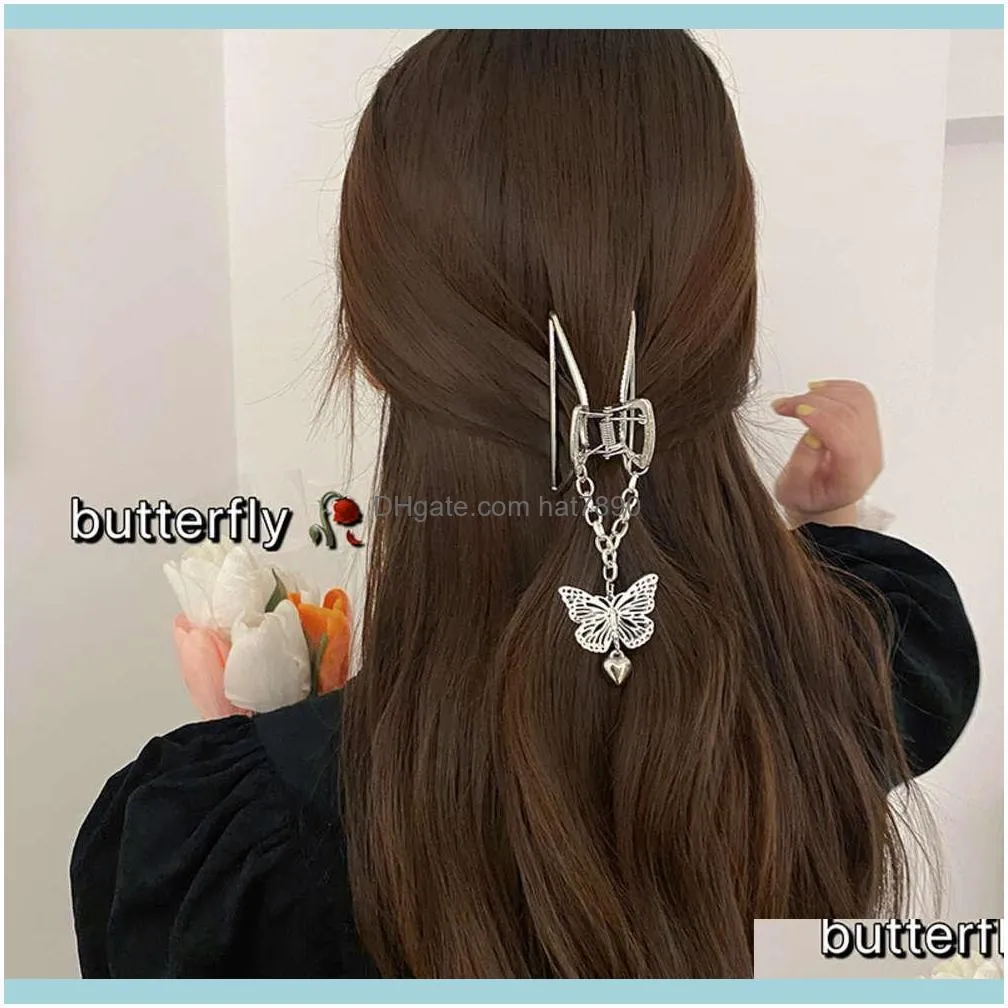 Vintage Goth Butterfly Love Tassel Pendant Hairpins Claw for Women Egirl Party Accessories Jewelry Clip