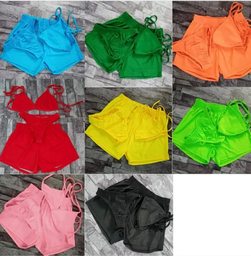 Zomer Dames Bikini's + shorts 3-delige sets Badmode Badpakken Borduren Zwempak Trendy Meisjes Strandkleding Mooie Bikini BH + broekje + korte broek 3-delige set