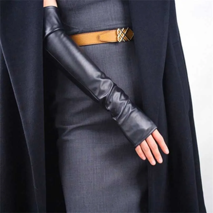 Women's Thin Long Fingerless Pu Leather Driving Gloves Winter Warm Half Finger Arm Sleeve Nightclub Show Touch Screen Mitten M36 211214