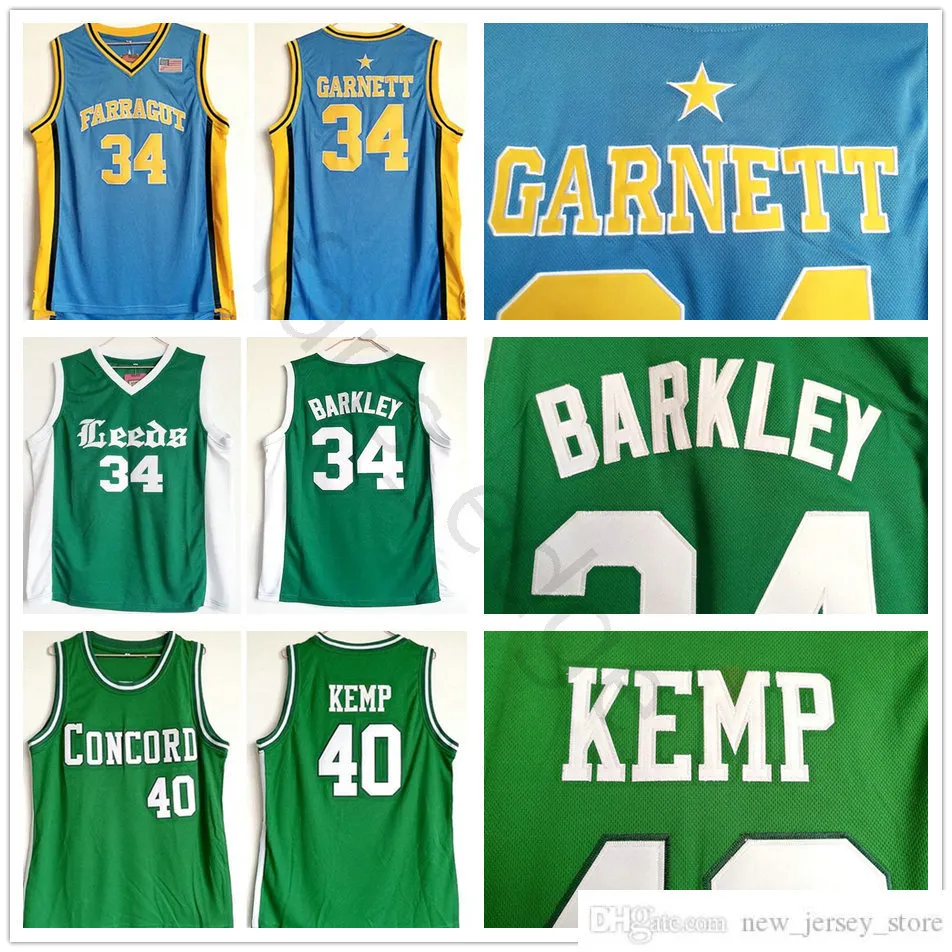 NCAA LEEDS # 34 Charles Barkley Jersey Green Farragut 34 Kevin Garnett Blue Jerseys Concord 40 Shawn Kemp 고등학교 농구 셔츠