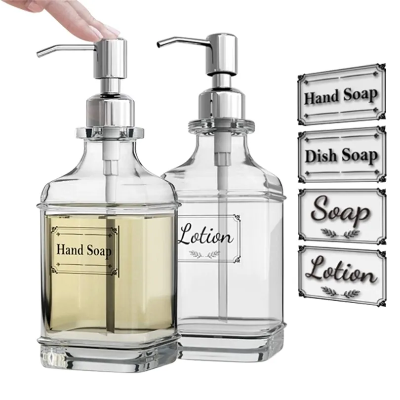 Dispenser di sapone 300 / 550ml Pompa di vetro in acciaio inox di vetro spesso antico antico con 4pcs Cancella etichette 211222