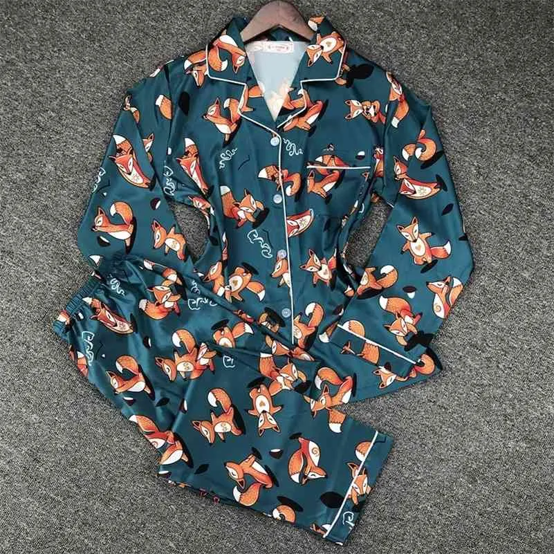 Fox Print Pajamas Home Suit Two Pieces Satin Set Women Sexy Pijamas Sleepwear Nightgown Ladies Pyjamas Femme Long Sleeve Autumn 210330