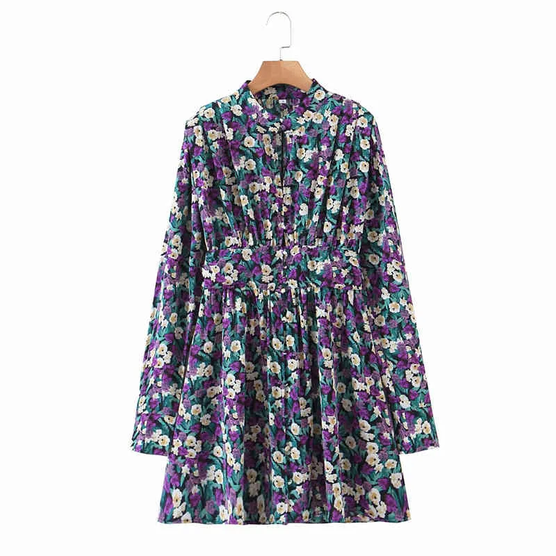 Streetwear Dames Floral Print Jurk Mode Dames Chiffon Geplooid Jurken Causale Vrouwelijke Chic Button Holle Vestidos 210427