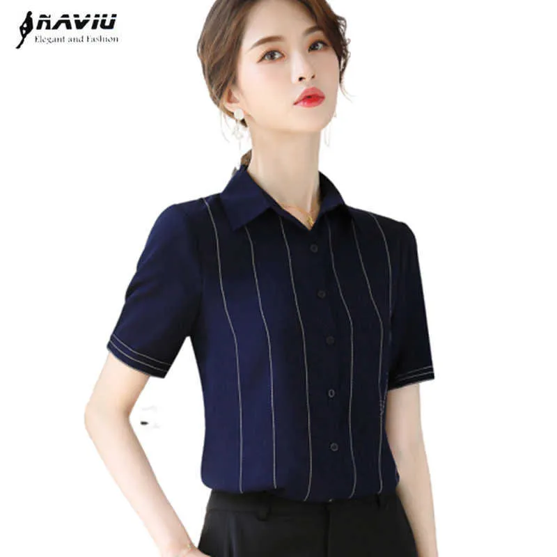 Navy Blue Chiffon Stripes Short Sleeve Women Summer Loose Blouses Professional Office Ladies White Tops 210604