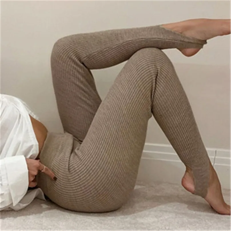 Mulheres Ribbed Knit Leggings Moda Cintura Alta Cintura Calças de Fitness Feminino Casual Bege All-Match Stretch Skinny 211215